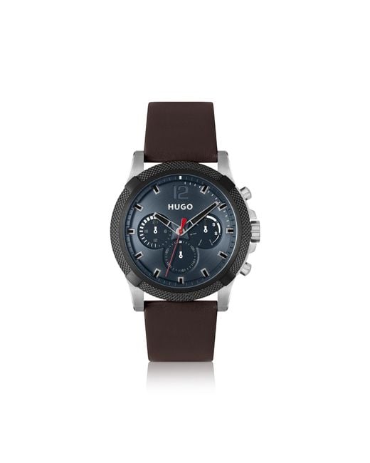 HUGO Blue Multi-Eye Watch With Leather Strap for men