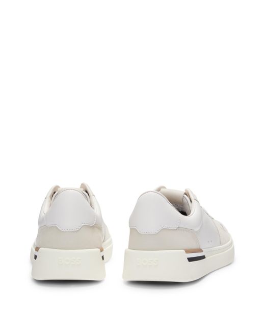 Boss White Cupsole Lace-up Trainers In Leather And Suede for men