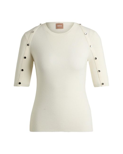 Boss White Short-sleeved Sweater In Stretch Fabric With Hardware Details