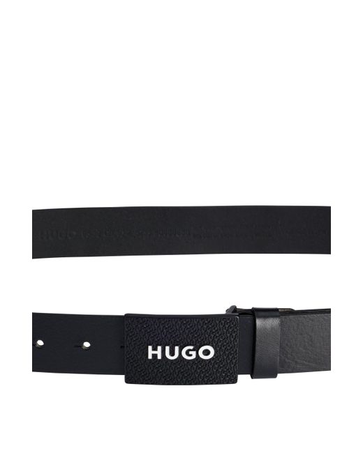 HUGO Black Italian-leather Belt With Branded Plaque Buckle for men
