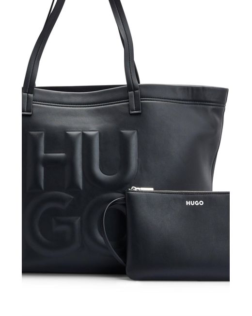 HUGO Black Faux-leather Shopper Bag With Debossed Stacked Logo