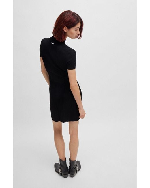 HUGO Black Slim-fit Dress In Irregular-rib Crepe