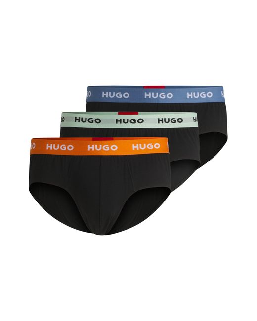 HUGO Black Three-pack Of Stretch-cotton Briefs With Logo Waistbands for men