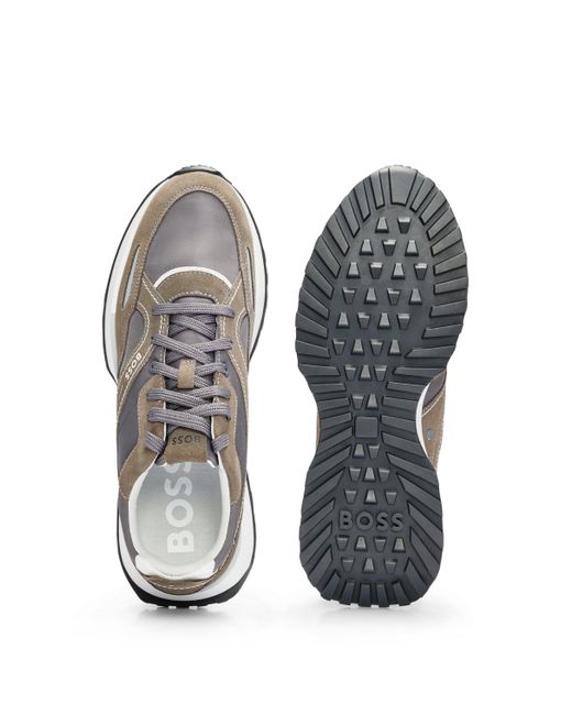 Boss Gray Mixed-material Trainers With Suede And Branded Trims for men