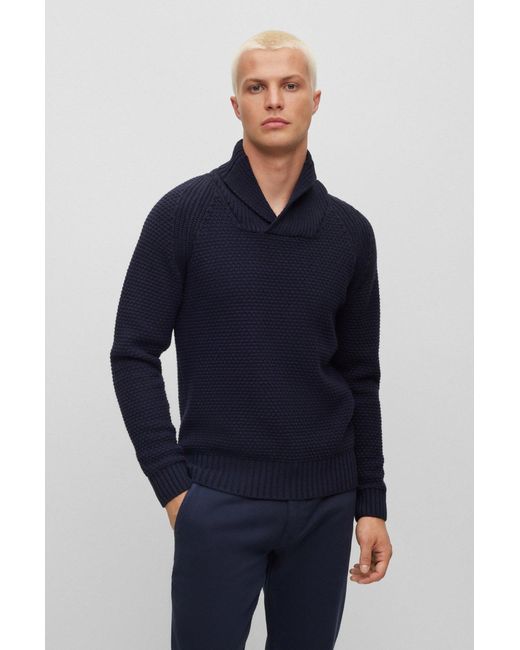Boss Blue Regular-fit Structured Sweater With Shawl Collar for men
