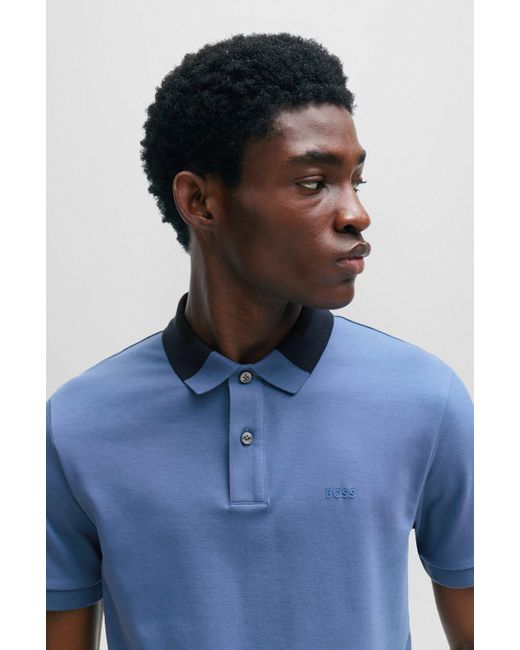 Boss Blue Interlock-cotton Slim-fit Polo Shirt With Colour-blocked Collar for men