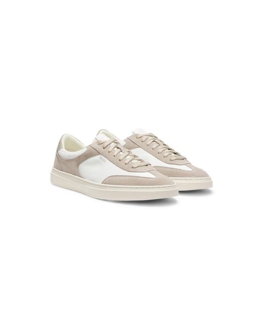 Boss White Lace-Up Trainers With Suede Trims for men