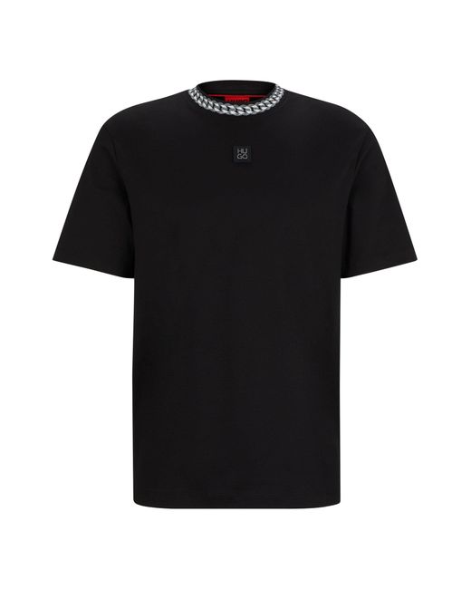 HUGO Black Interlock-cotton T-shirt With Chain-print Collar for men