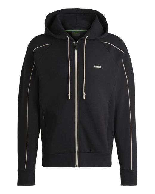 Boss Black Stretch-cotton Zip-up Hoodie With Emed Artwork for men