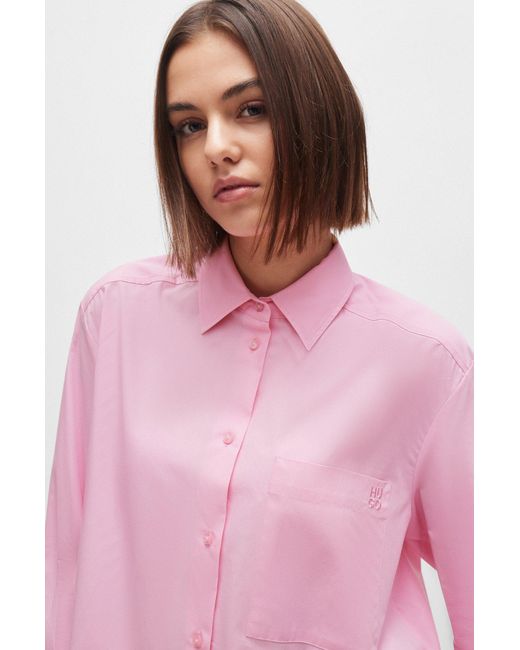 HUGO Pink Oversized-fit Blouse In Cotton Canvas With Point Collar
