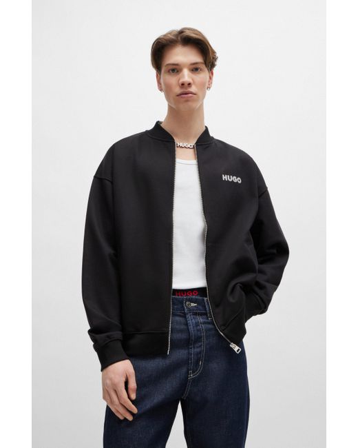 HUGO Black Cotton-terry Zip-up Sweatshirt With Crochet Logos for men
