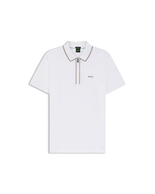 Boss White Stretch-Cotton Polo Shirt With Contrast Stripes for men