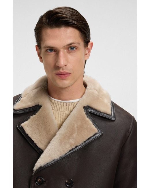 Boss Regular-Fit Jas Van Italiaans Leer Met Shearling in het Black voor heren