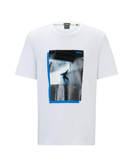 Boss White Cotton-blend T-shirt With Skate Artwork Front And Back for men