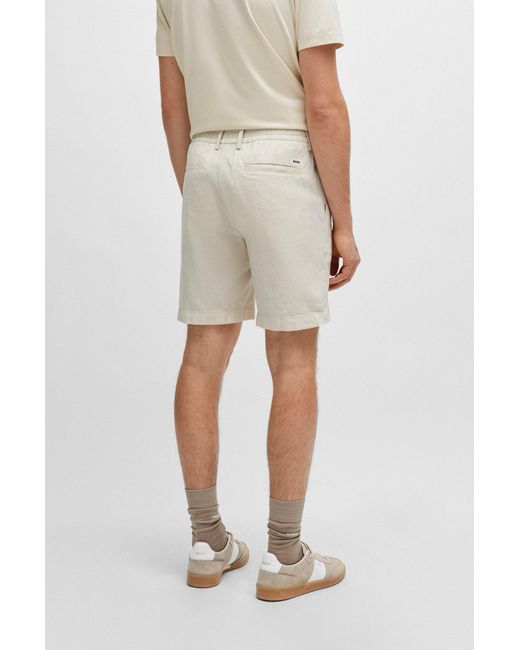 Boss White Regular-fit Shorts In Stretch-cotton With Linen for men
