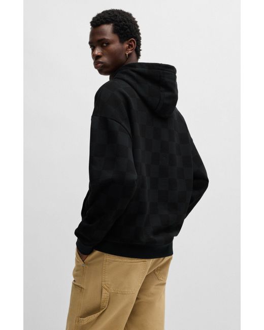 HUGO Black Loose-fit Hoodie In Cotton Terry With Checkerboard Print for men
