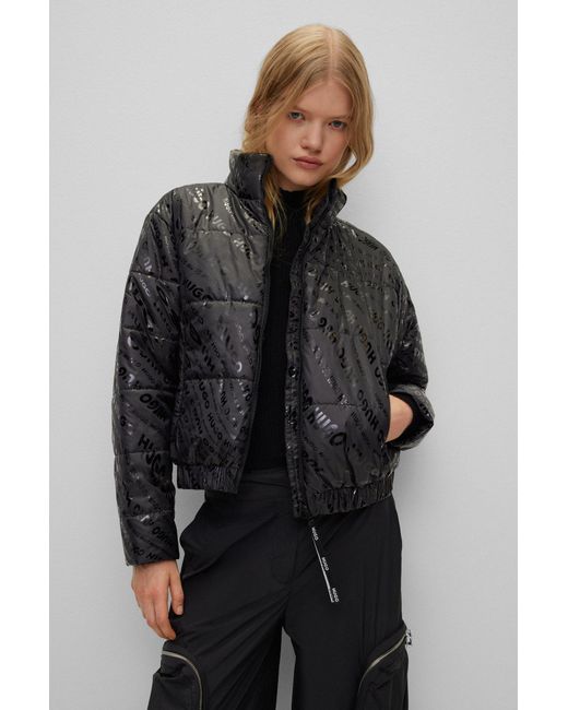 HUGO Black Relaxed-fit Puffer Jacket With All-over Logos