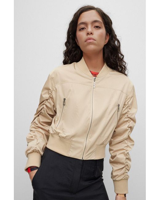 HUGO Natural Cropped Satin Bomber Jacket With Ruched Sleeves