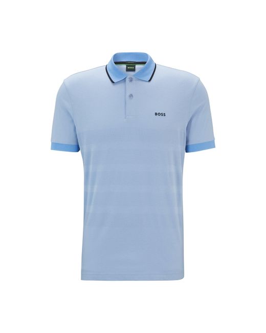 Boss Blue Cotton Polo Shirt With Popcorn-Structure Stripe for men