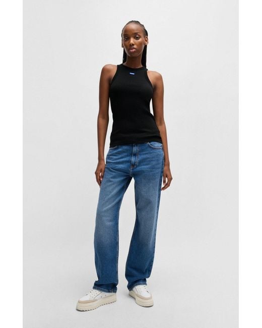 HUGO Slim-Fit Top Van Stretchkatoen Met Blauwe Logopatch in het Black