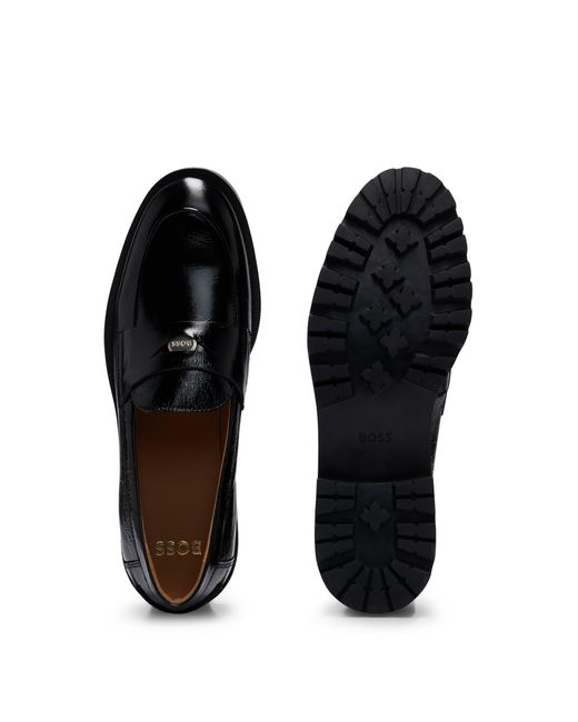 Boss Black Leather Moccasins With Branded Penny Trim