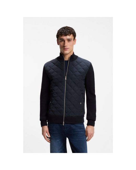 Boss Blue Knitted-Wool Jacket With Quilted Front for men
