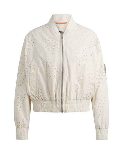 Boss White Embroidered Bomber Jacket With Zipped Sleeve Pocket