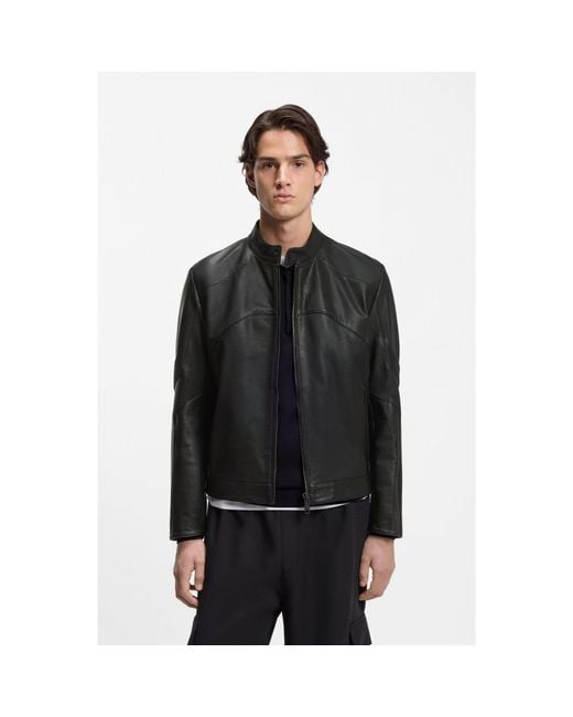 HUGO Black Leather Jacket With Piped Details for men