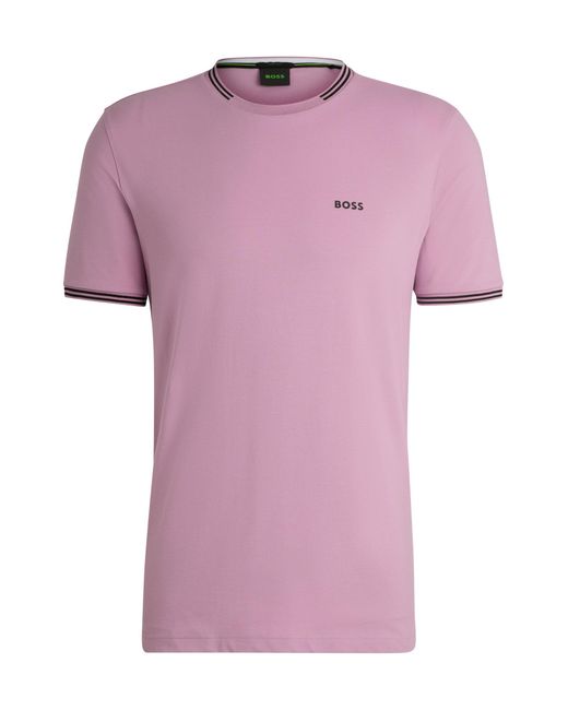 Boss Pink Stretch-cotton T-shirt With Stripes And Logo for men