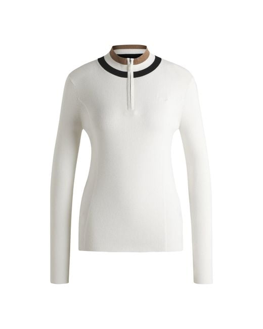 Boss White Equestrian Zip-Neck Sweater With Ribbed Structure