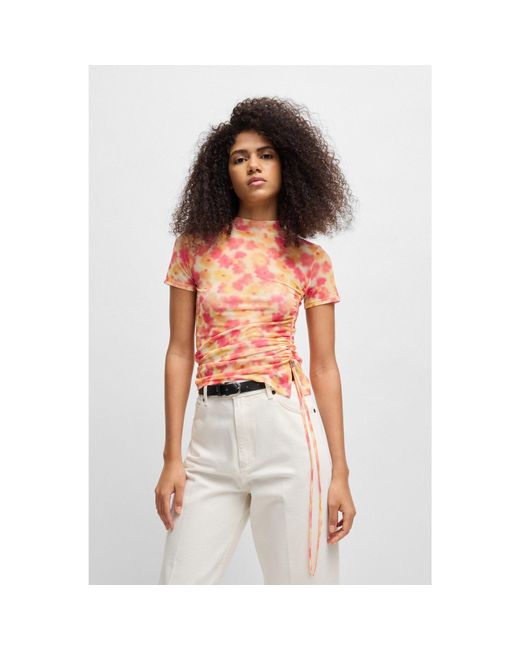 HUGO Printed-Mesh Top With Gathered Side