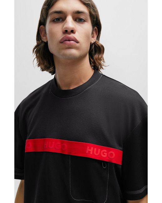 T-shirt en coton mélangé avec bande logo rouge HUGO pour homme en coloris Black