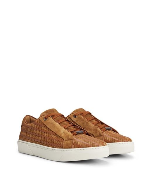 Boss Brown Gary Italian-made Woven Trainers In Leather And Suede for men