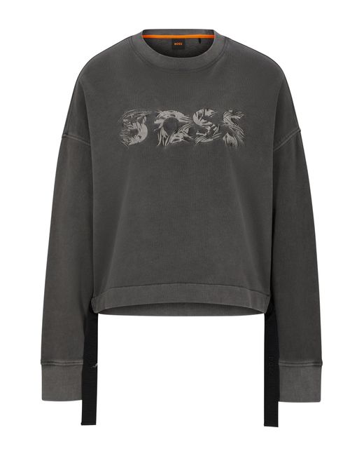 Boss Gray Logo Sweatshirt In Cotton Terry With Adjustable Hem