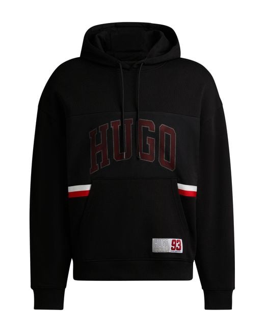 HUGO Black Cotton-terry Relaxed-fit Hoodie With Sporty Logo for men
