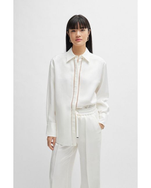 Boss White Long-sleeved Blouse With Ladder-lace Trim