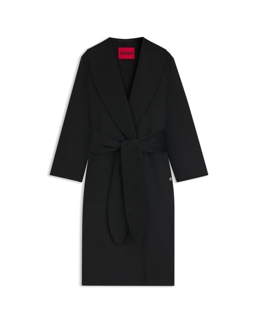 HUGO Black Relaxed-Fit Robe-Style Coat With Tie-Up Belt