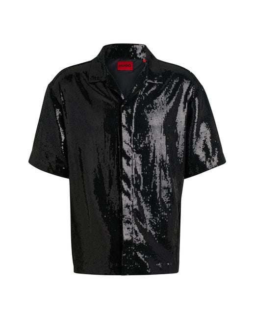 HUGO Oversized Kurzarm-Hemd Aus Stretch-Gewebe Mit Pailletten in Black für Herren