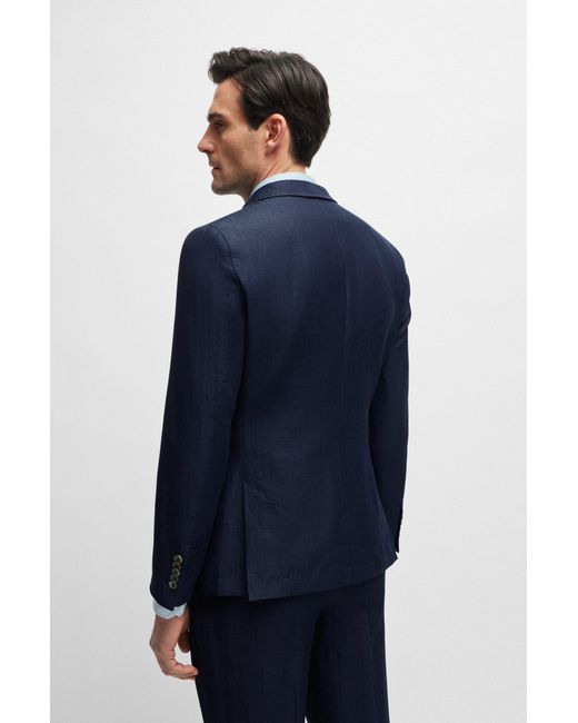 Boss Blue Slim-fit Jacket In Herringbone Virgin Wool And Linen for men