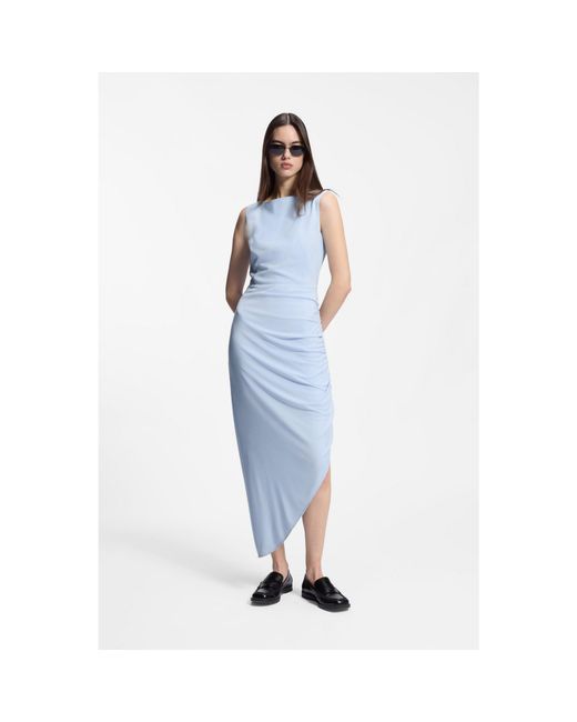 HUGO Blue Crepe Dress With Gathered Asymmetric Hemline