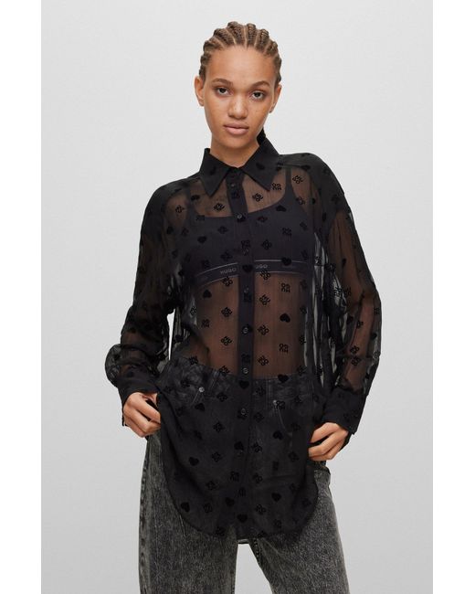 HUGO Black Longline Relaxed-fit Blouse With Flock-print Stacked Logos