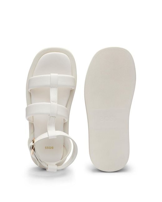 Boss White Platform Leather Sandals With Branded Buckle Closure
