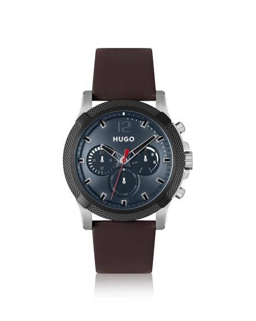 HUGO Blue Multi-eye Watch With Brown Leather Strap for men