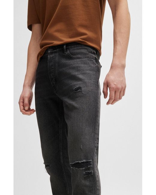 HUGO Tapered-fit Jeans In Black Distressed Denim for men