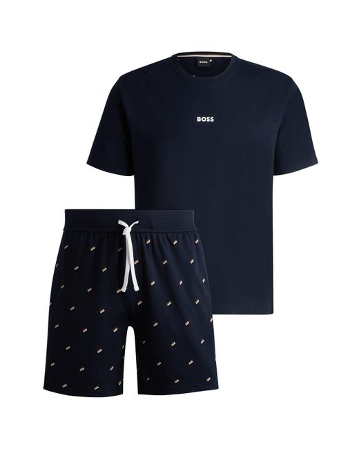 Boss Blue Gift-boxed Short Pyjamas In Cotton With Signature Details for men