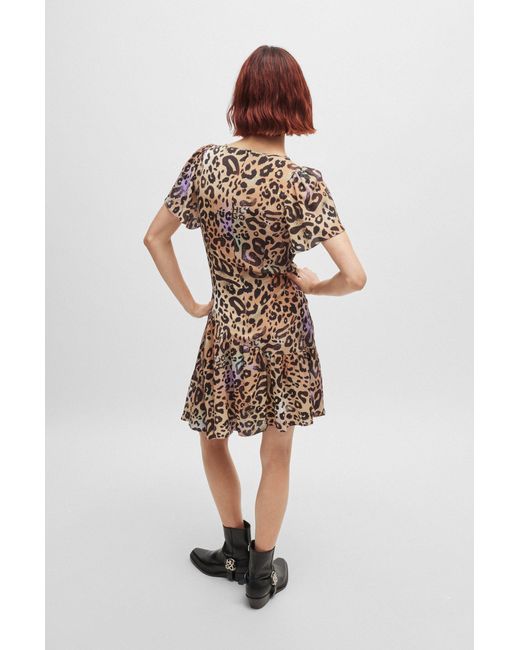 HUGO Multicolor Wrap-front Dress In Leopard-print Fabric