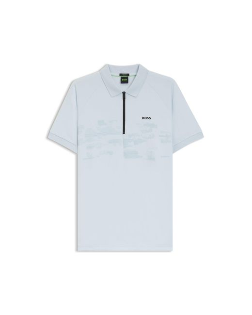 Boss Blue Cotton-Blend Zipped Polo Shirt With Reflective Graphics for men
