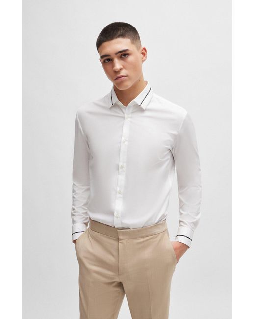 HUGO White Slim-fit Shirt With Piped Collar And Cuffs for men