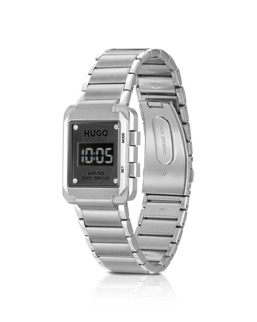 HUGO White Link-bracelet Digital Watch With Black Dial for men