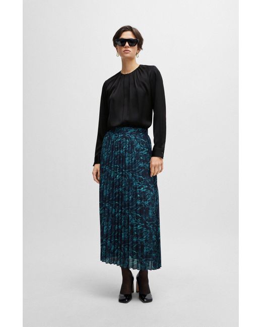 Boss Blue A-line Plissé Skirt In Regular Fit With Seasonal Print